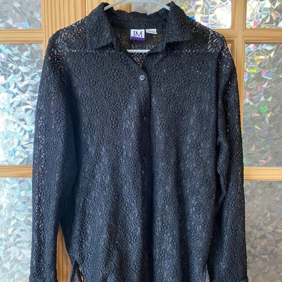 JM Collection Woman's Sz L Vintage Nylon Lace ButtonUp Blouse Stylish Embroidery - Picture 1 of 6